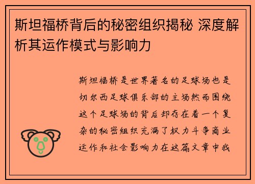 斯坦福桥背后的秘密组织揭秘 深度解析其运作模式与影响力
